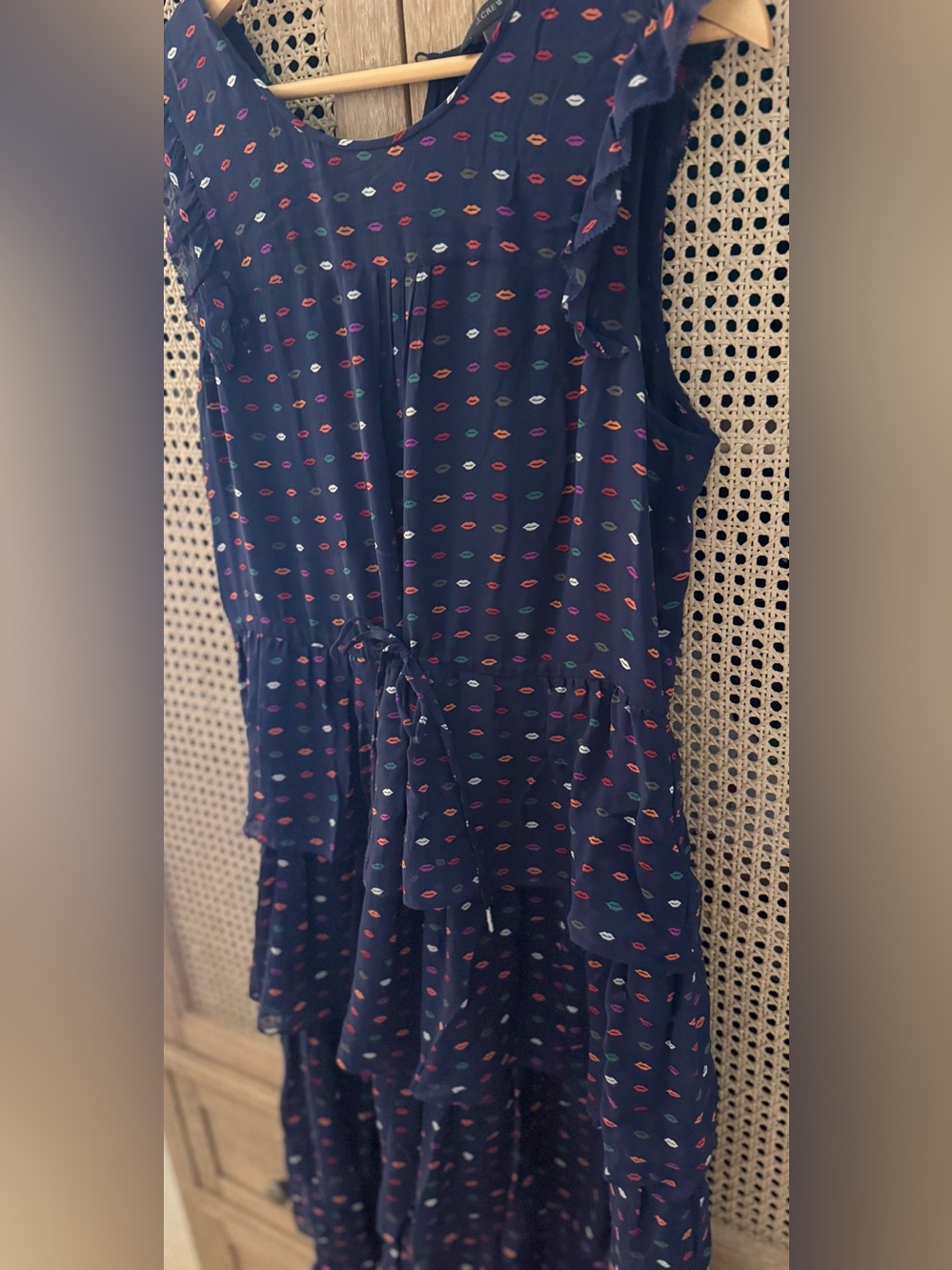 J-Crew Navy Ruffle Midi Dress with Multicolor Lip Print